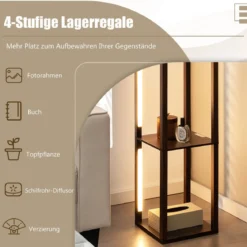 163 cm Stehlampe Regal Modern Standleuchte Ablageregal mit 3-stufig dimmbaren LED-Leuchten Braun