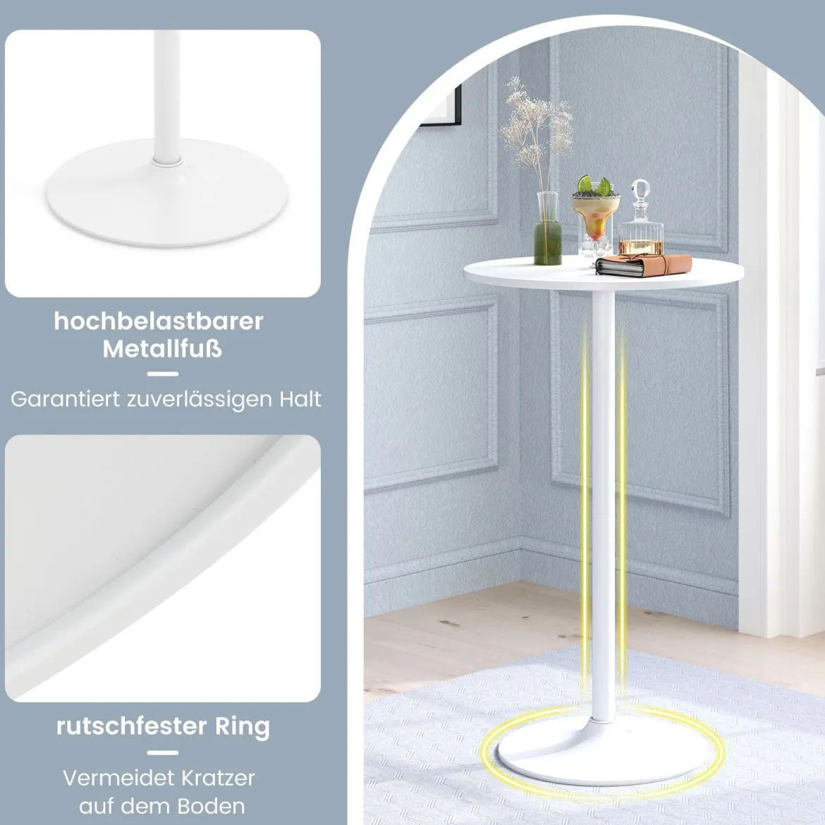 Ø 60 cm Stehtisch 2 in 1 Bartisch & Esstisch Höhenverstellbarer Bistrotisch Rund Partytisch Weiß