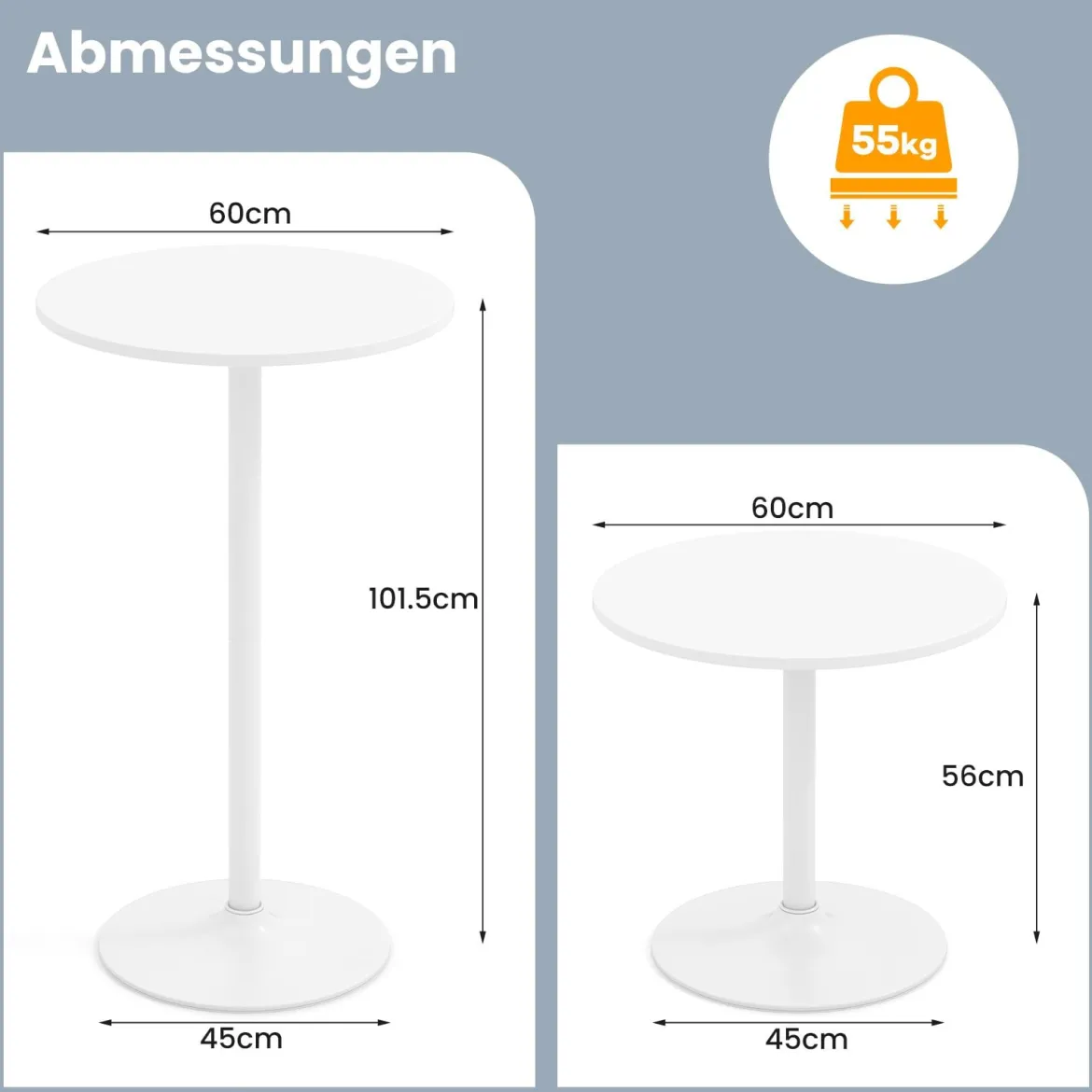 Ø 60 cm Stehtisch 2 in 1 Bartisch & Esstisch Höhenverstellbarer Bistrotisch Rund Partytisch Weiß