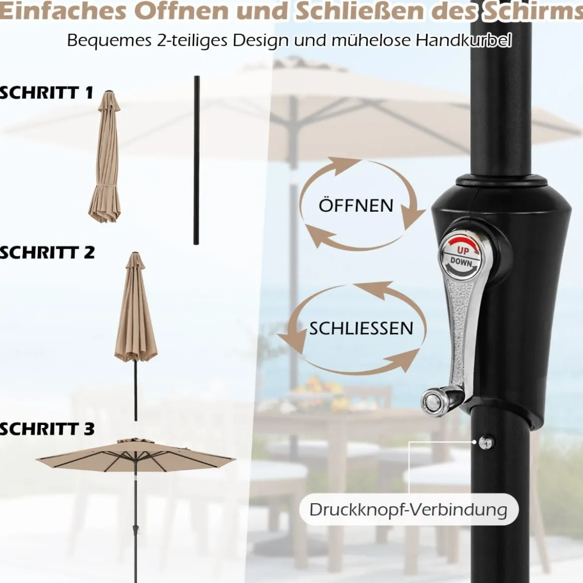 Ø303 cm Terrassenschirm mit Kurbel Beidseitig um 25° Knickbarer Gartenschirm Sonnenschirm