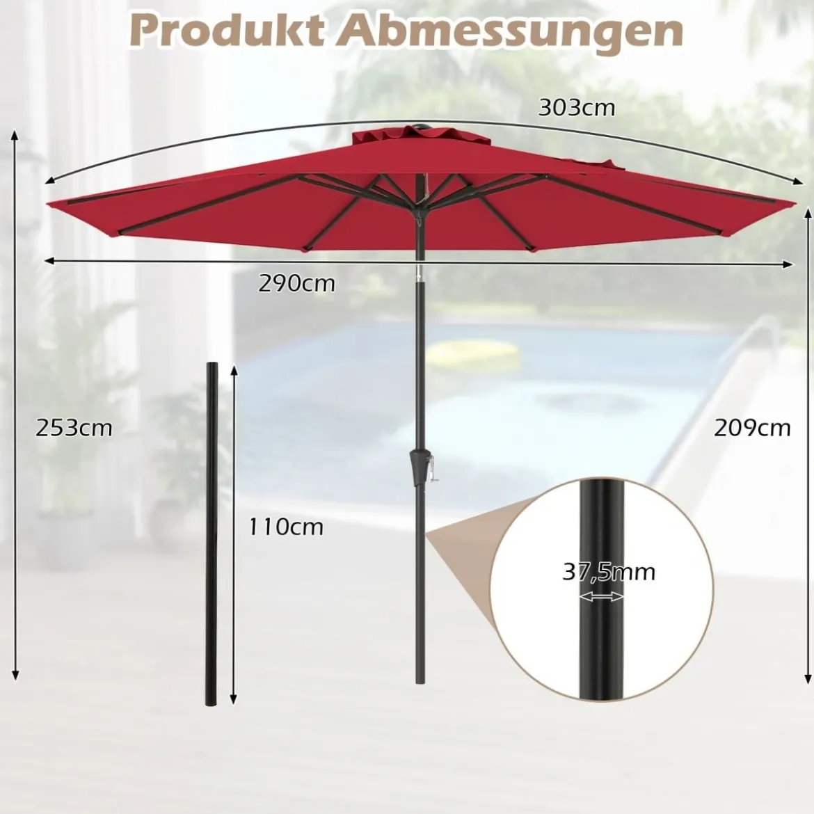 Ø303 cm Terrassenschirm mit Kurbel Beidseitig um 25° Knickbarer Gartenschirm Sonnenschirm
