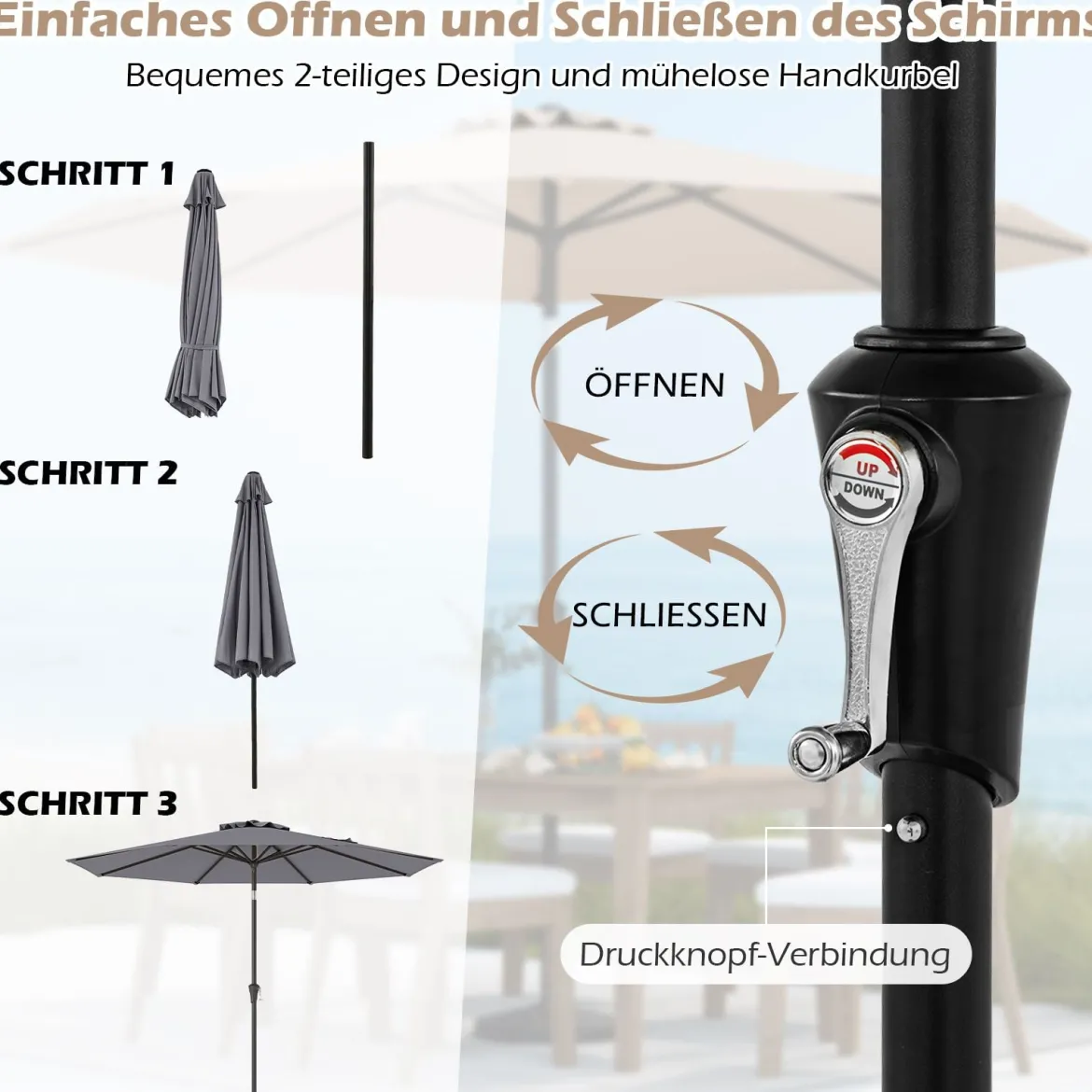 Ø303 cm Terrassenschirm mit Kurbel Beidseitig um 25° Knickbarer Gartenschirm Sonnenschirm