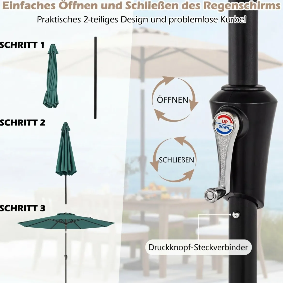 Ø303 cm Terrassenschirm mit Kurbel Beidseitig um 25° Knickbarer Gartenschirm Sonnenschirm