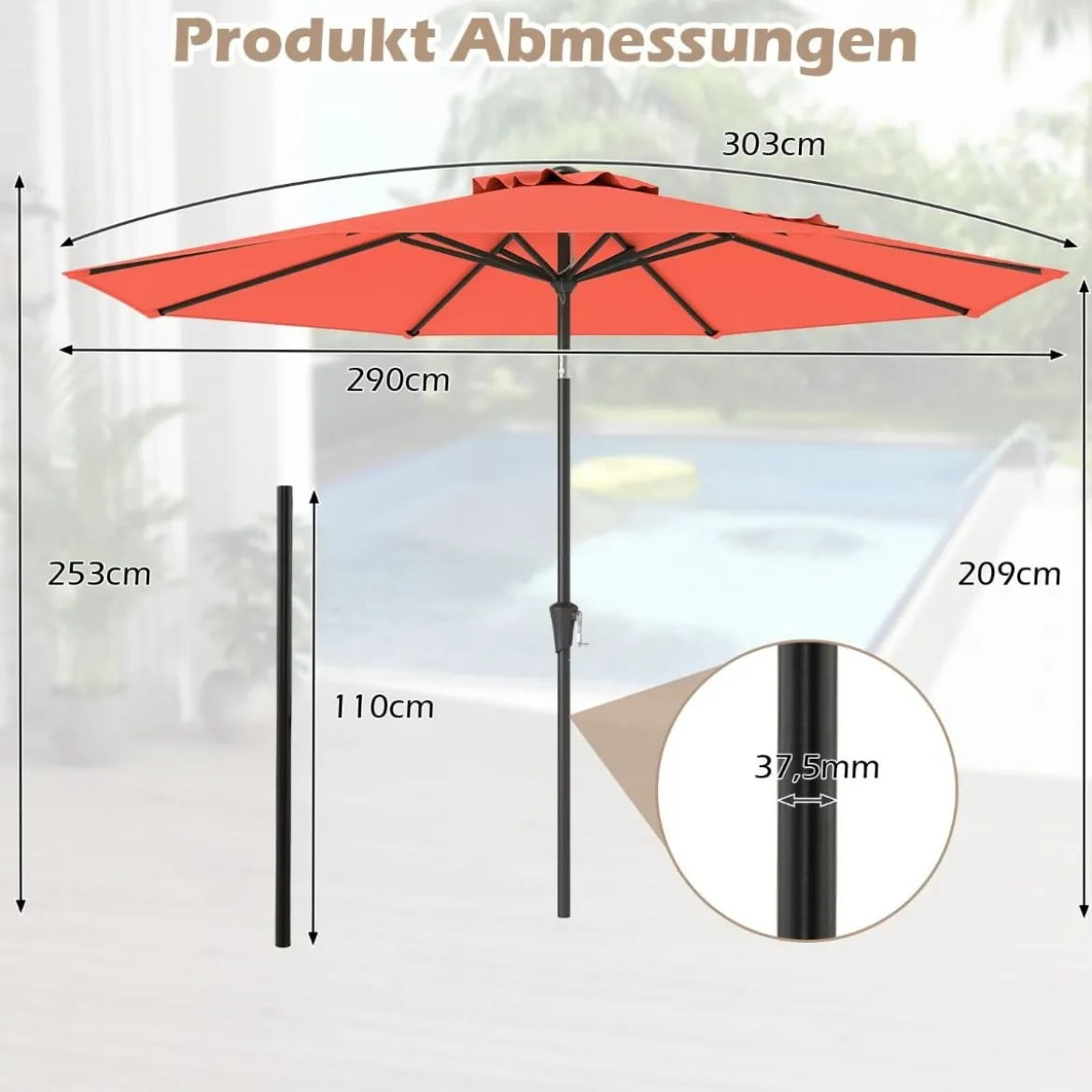 Ø303 cm Terrassenschirm mit Kurbel Beidseitig um 25° Knickbarer Gartenschirm Sonnenschirm