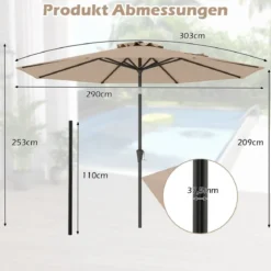 Ø303 cm Terrassenschirm mit Kurbel Beidseitig um 25° Knickbarer Gartenschirm Sonnenschirm