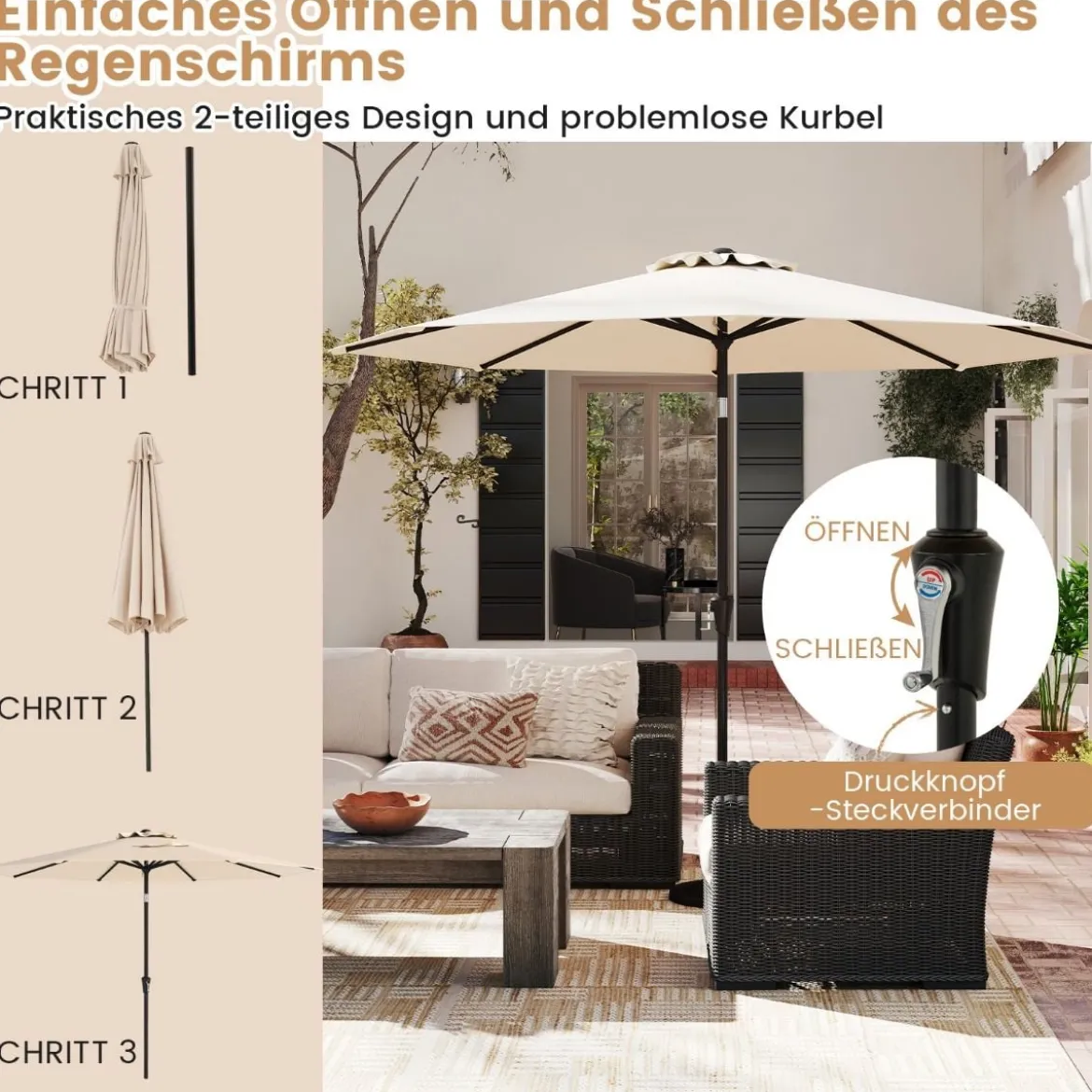 Ø303 cm Terrassenschirm mit Kurbel Beidseitig um 25° Knickbarer Gartenschirm Sonnenschirm