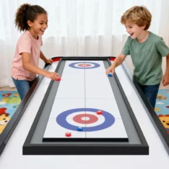114 CM Tisch-Shuffleboard & Curling 2-in-1 Brettspiel mit 8 Scheiben tragbares Holz Mehrfarbig