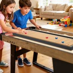 114 CM Tisch-Shuffleboard & Curling 2-in-1 Brettspiel mit 8 Scheiben tragbares Holz Mehrfarbig