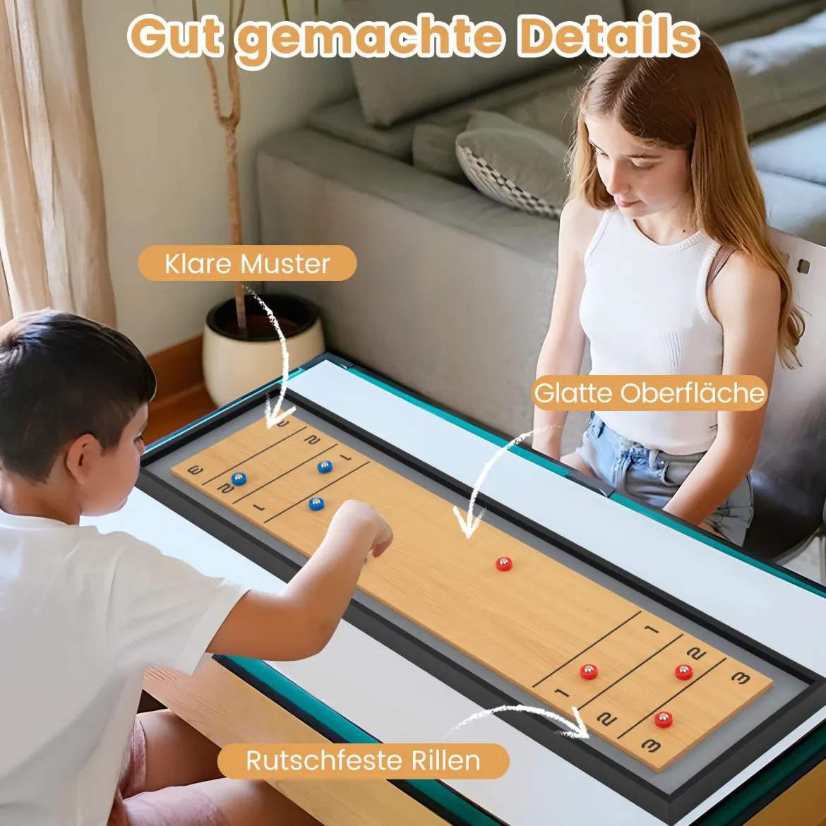 114 CM Tisch-Shuffleboard & Curling 2-in-1 Brettspiel mit 8 Scheiben tragbares Holz Mehrfarbig