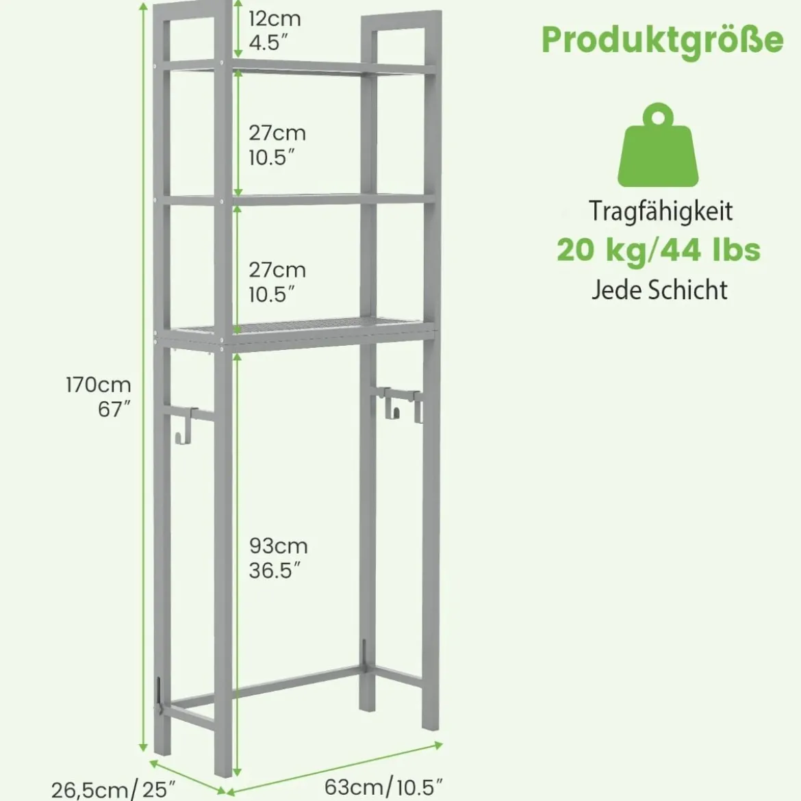 170 cm Toilettenregal mit 3 Ablagen & Höhenverstellbarer Querstange WC Regal Grau