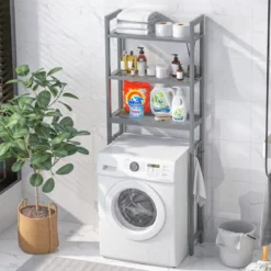170 cm Toilettenregal mit 3 Ablagen & Höhenverstellbarer Querstange WC Regal Grau