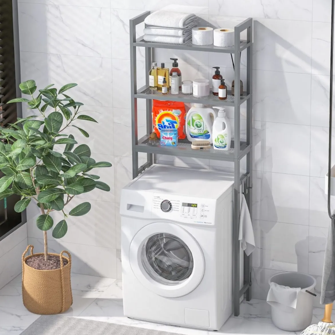 170 cm Toilettenregal mit 3 Ablagen & Höhenverstellbarer Querstange WC Regal Grau