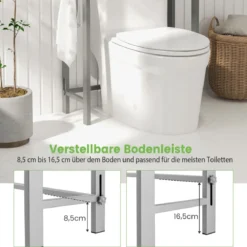 170 cm Toilettenregal mit 3 Ablagen & Höhenverstellbarer Querstange WC Regal Grau