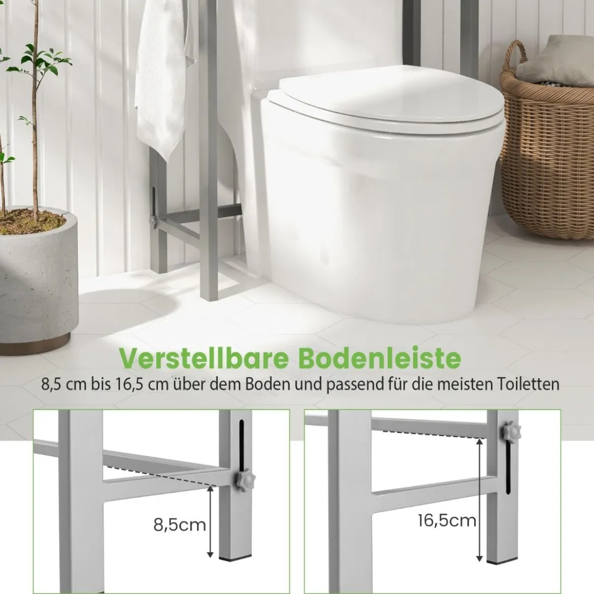 170 cm Toilettenregal mit 3 Ablagen & Höhenverstellbarer Querstange WC Regal Grau