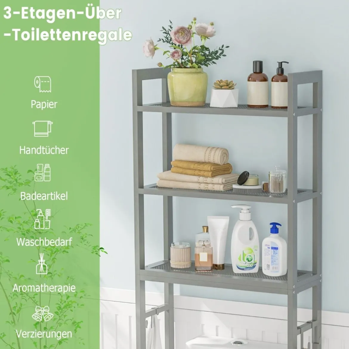 170 cm Toilettenregal mit 3 Ablagen & Höhenverstellbarer Querstange WC Regal Grau