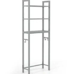 170 cm Toilettenregal mit 3 Ablagen & Höhenverstellbarer Querstange WC Regal Grau