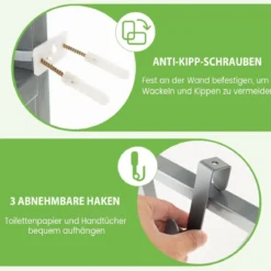 170 cm Toilettenregal mit 3 Ablagen & Höhenverstellbarer Querstange WC Regal Grau
