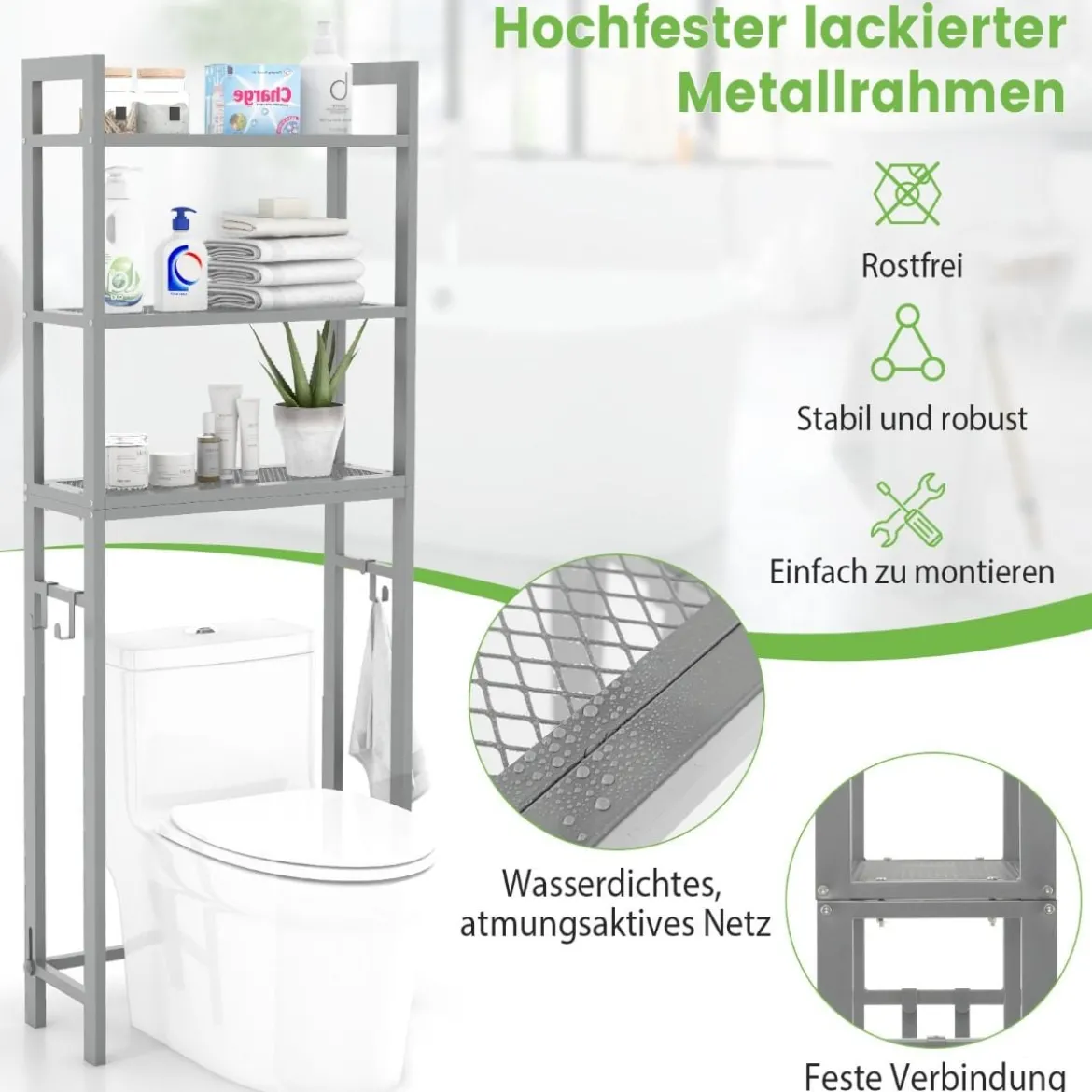 170 cm Toilettenregal mit 3 Ablagen & Höhenverstellbarer Querstange WC Regal Grau