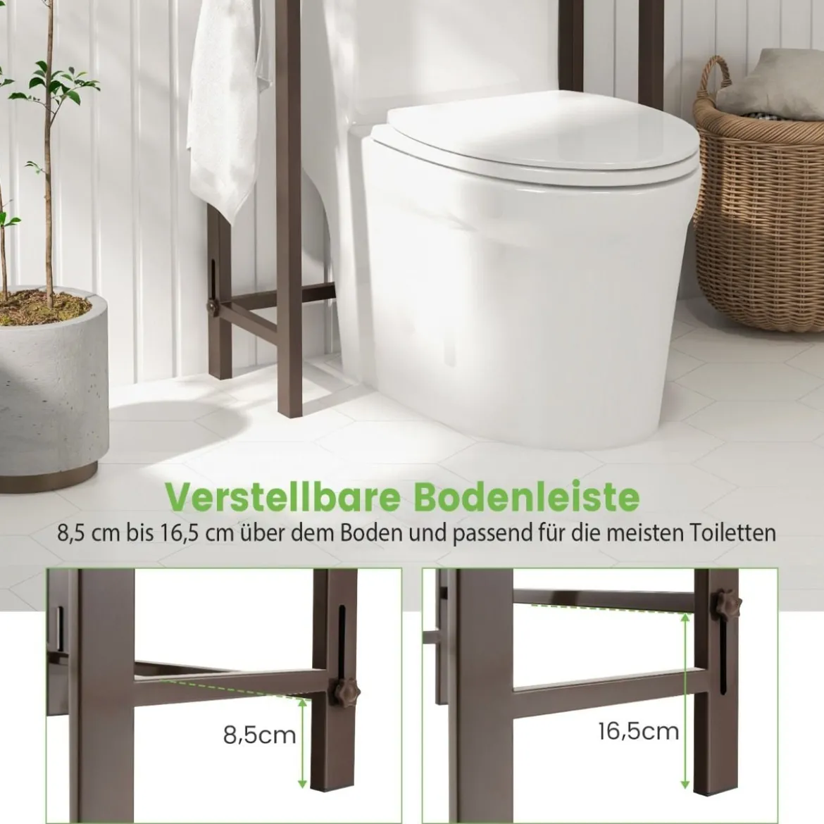 170 cm Toilettenregal mit 3 Ablagen & Höhenverstellbarer Querstange WC Regal Braun
