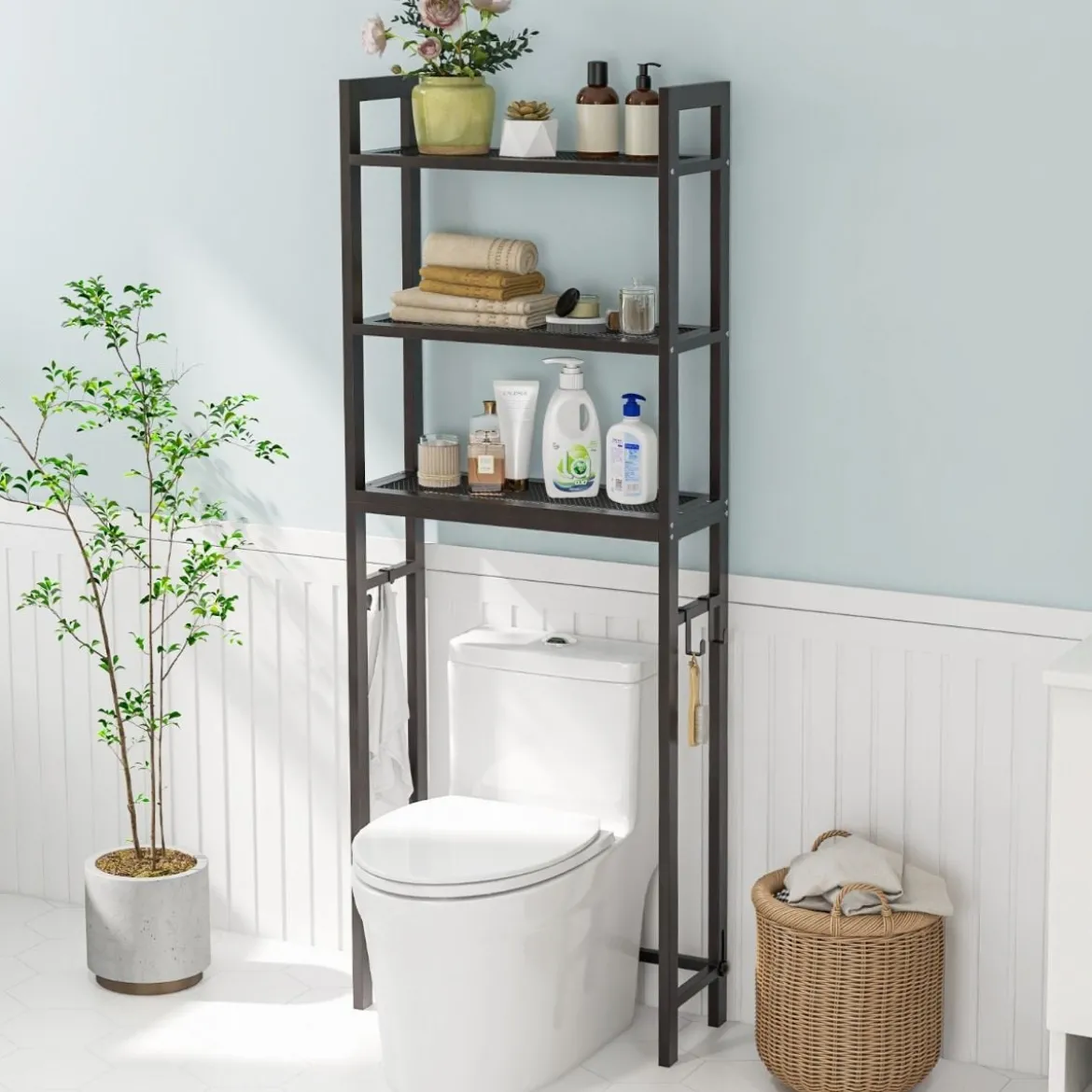 170 cm Toilettenregal mit 3 Ablagen & Höhenverstellbarer Querstange WC Regal Braun