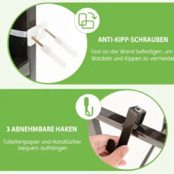 170 cm Toilettenregal mit 3 Ablagen & Höhenverstellbarer Querstange WC Regal Braun