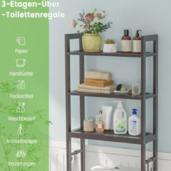 170 cm Toilettenregal mit 3 Ablagen & Höhenverstellbarer Querstange WC Regal Braun