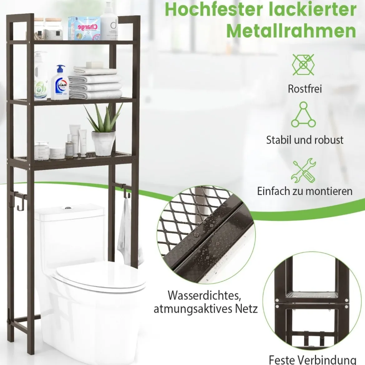 170 cm Toilettenregal mit 3 Ablagen & Höhenverstellbarer Querstange WC Regal Braun