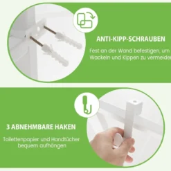 170 cm Toilettenregal mit 3 Ablagen & Höhenverstellbarer Querstange WC Regal Weiß