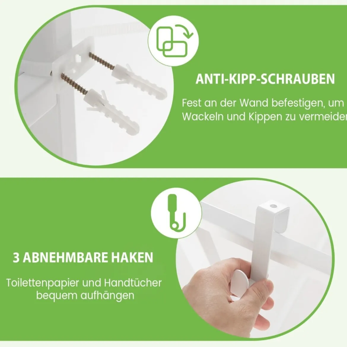 170 cm Toilettenregal mit 3 Ablagen & Höhenverstellbarer Querstange WC Regal Weiß