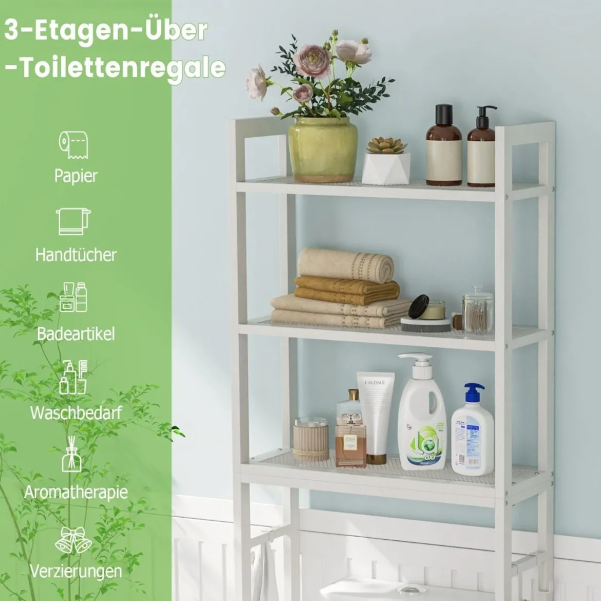 170 cm Toilettenregal mit 3 Ablagen & Höhenverstellbarer Querstange WC Regal Weiß