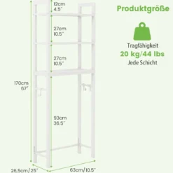 170 cm Toilettenregal mit 3 Ablagen & Höhenverstellbarer Querstange WC Regal Weiß