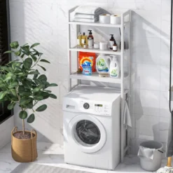 170 cm Toilettenregal mit 3 Ablagen & Höhenverstellbarer Querstange WC Regal Weiß