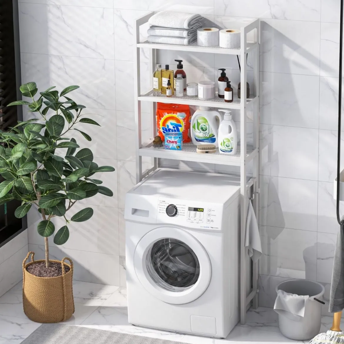 170 cm Toilettenregal mit 3 Ablagen & Höhenverstellbarer Querstange WC Regal Weiß