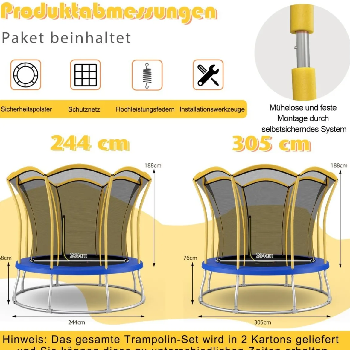 φ305 cm Trampolin mit Blumenform & Sicherheitsnetz & Gepolsterten Stangen Gelb