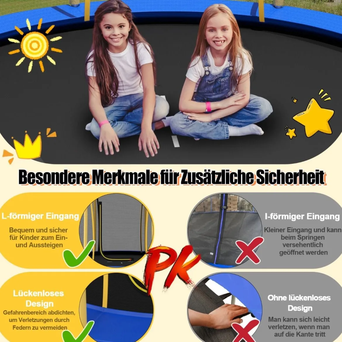 φ244 cm Trampolin mit Blumenform & Sicherheitsnetz & Gepolsterten Stangen Gelb