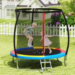 Ø244 cm Trampolin mit Leiter & Sicherheitsnetz Rund Gartentrampolin Kindertrampolin Orange