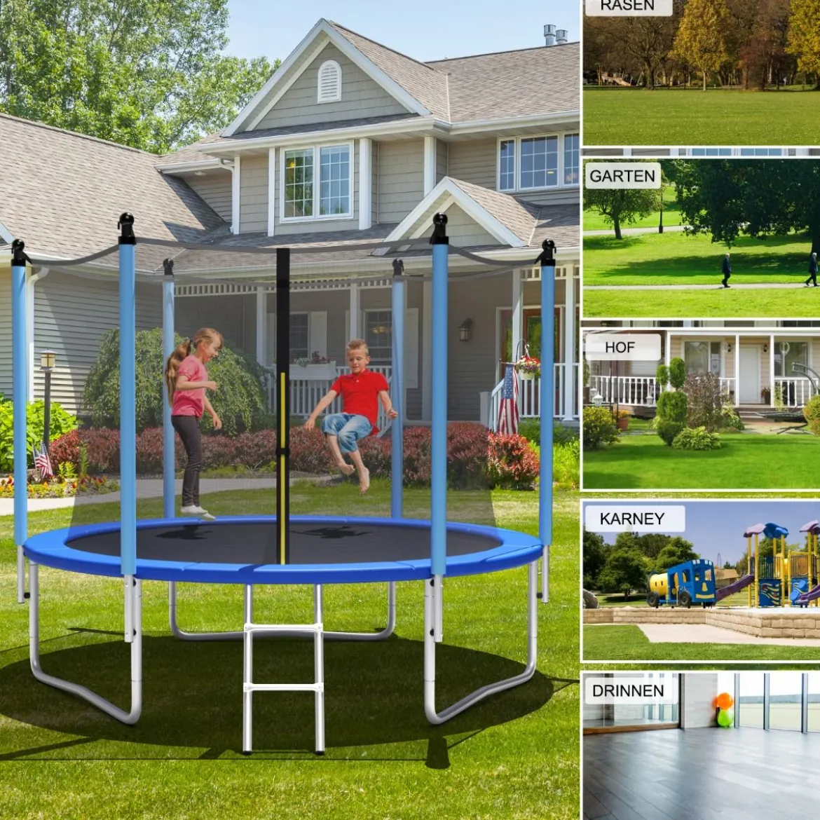 Ø 244 cm Trampolin Outdoor-Trampolin für Kinder & Erwachsene Schwarz + Blau