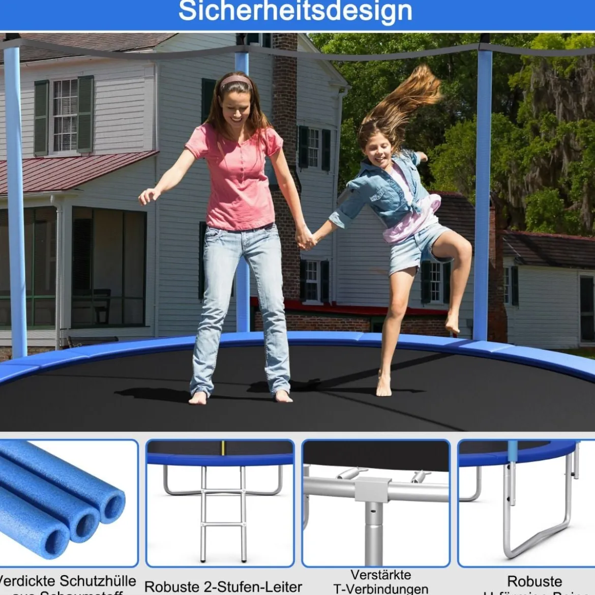 Ø 244 cm Trampolin Outdoor-Trampolin für Kinder & Erwachsene Schwarz + Blau