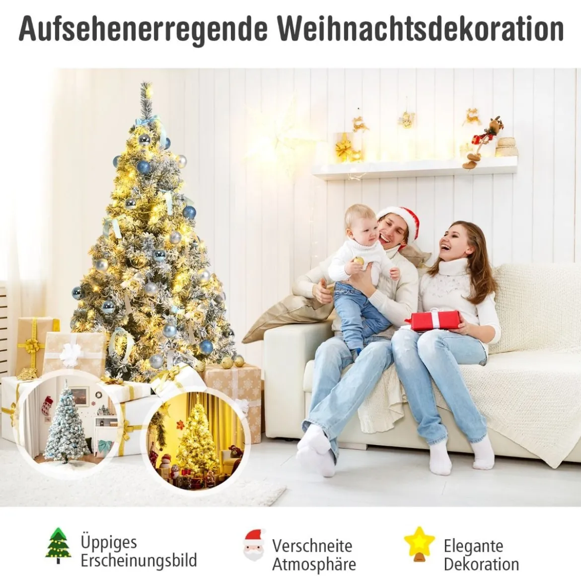 150 cm verschneiter & künstlicher Weihnachtsbaum mit LED-Lichter Tannenbaum Grün + Weiß