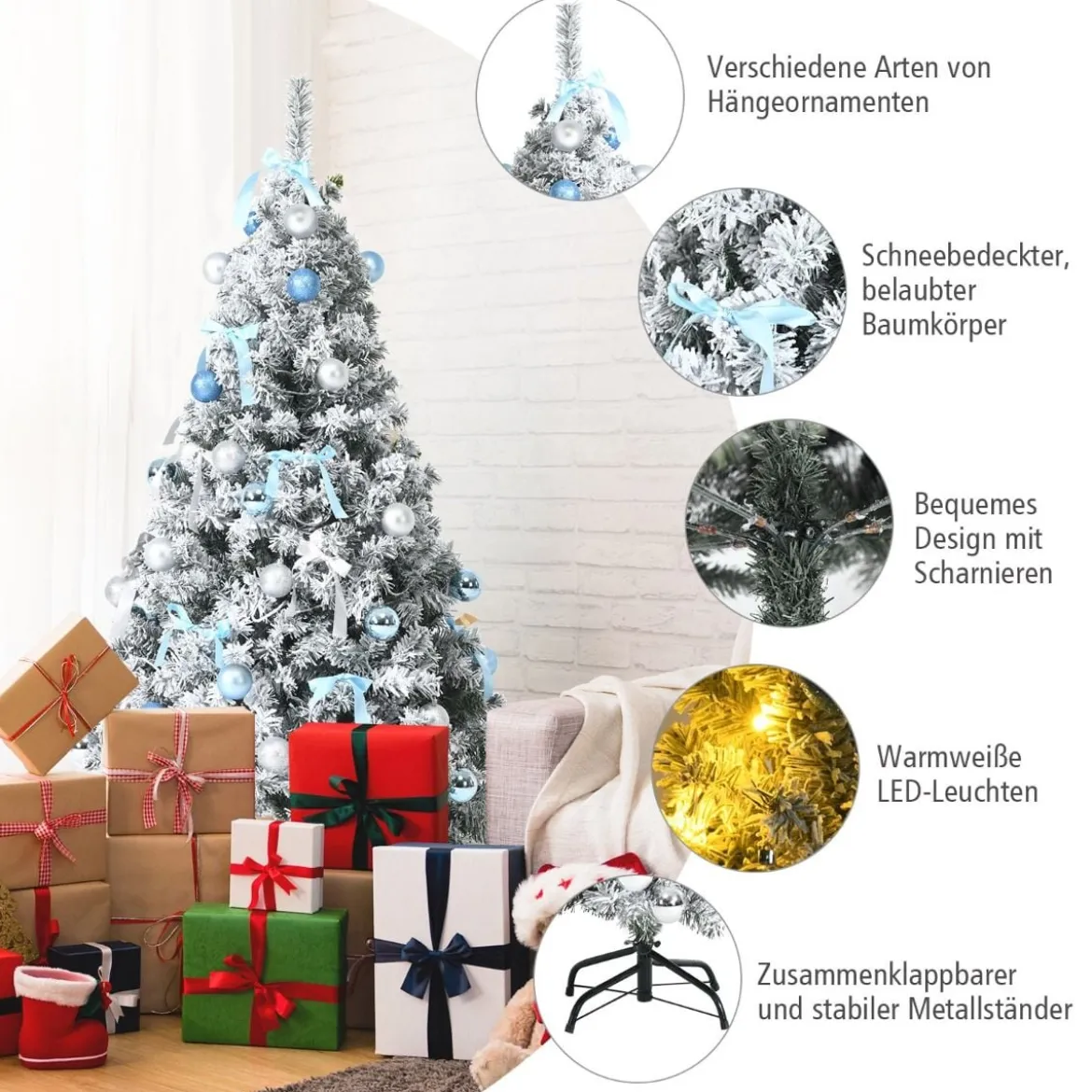 150 cm verschneiter & künstlicher Weihnachtsbaum mit LED-Lichter Tannenbaum Grün + Weiß