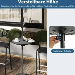 Ø50cm verstellbarer Schirmtisch runde Tischplatte mit 38mm Schirmloch & Holzmaserung Schwarz