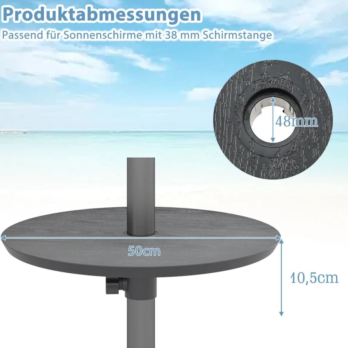 Ø50cm verstellbarer Schirmtisch runde Tischplatte mit 38mm Schirmloch & Holzmaserung Schwarz