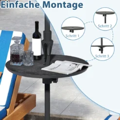 Ø50cm verstellbarer Schirmtisch runde Tischplatte mit 38mm Schirmloch & Holzmaserung Schwarz