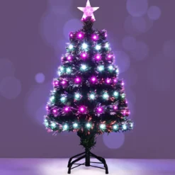 93 cm Vorbeleuchteter künstlicher Weihnachtsbaum Weihnachtsbaum mit mehrfarbigen Glasfasern 96 lila & weißen LEDs Grün