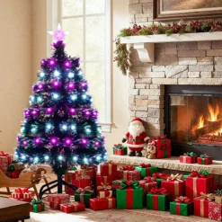 93 cm Vorbeleuchteter künstlicher Weihnachtsbaum Weihnachtsbaum mit mehrfarbigen Glasfasern 96 lila & weißen LEDs Grün