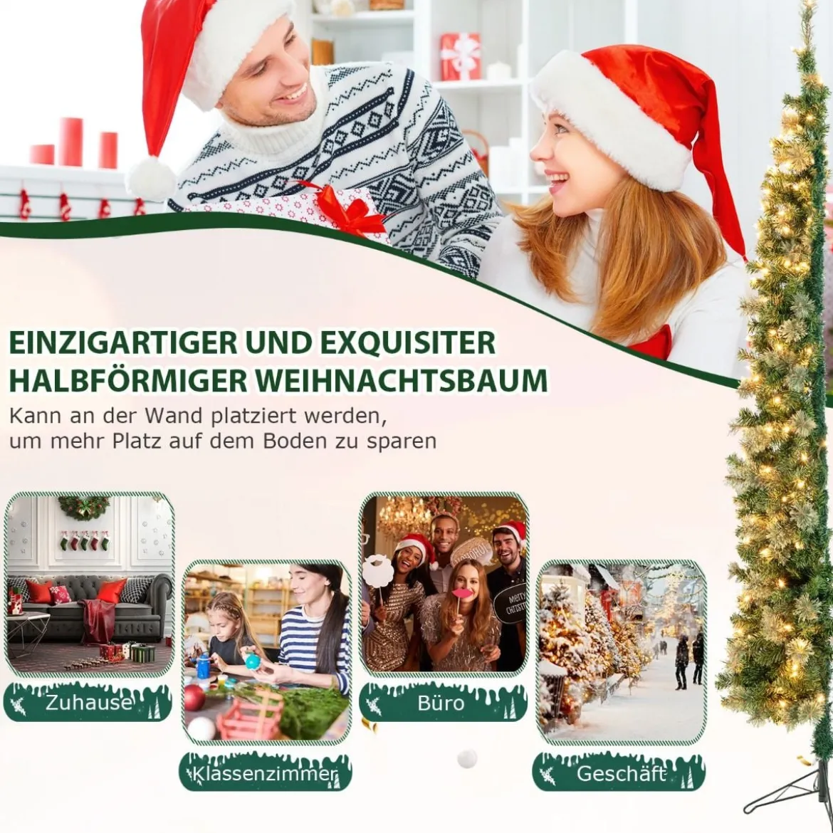 210 cm Vorgeleuchteter Halbbaum-Weihnachtsbaum Halber Künstlicher Baum