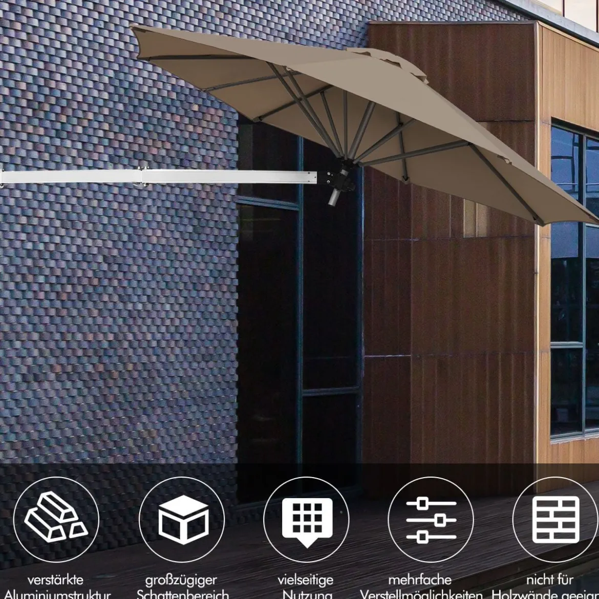 247 cm Wandschirm Terrassenschirm mit verstellbarem Mast Sonnenschirm mit Windventil Braun