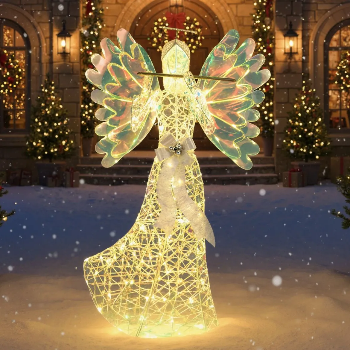 158cm Weihnachtsengel mit 250 Kaltweißen LED-Lichtern & Heiligenschein & Flöte Weihnachtsdeko