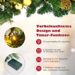 270 cm Weihnachtsgirlande mit 50 Warmweiß LEDs & Tannenzapfen & Goldenen Kugeln