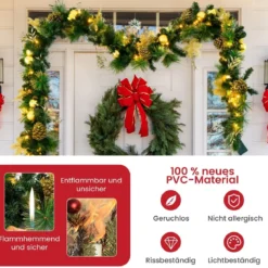 270 cm Weihnachtsgirlande mit 50 Warmweiß LEDs & Tannenzapfen & Goldenen Kugeln